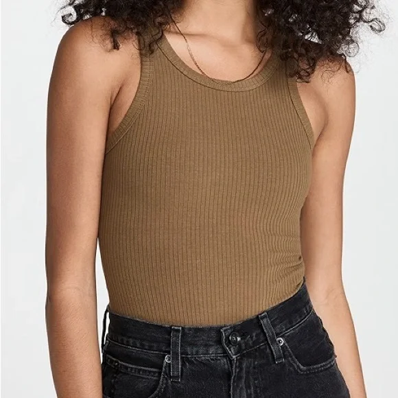 Good American Thong Tank Bodysuit Ribbed Khaki Forrest Green Brown High Leg Sz L - Picture 1 of 15